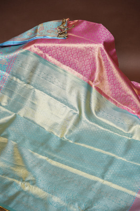 Pinkish Peach & Aqua Blue Pure Tissue Kanchipuram Silk Saree|Silk Mark Certified