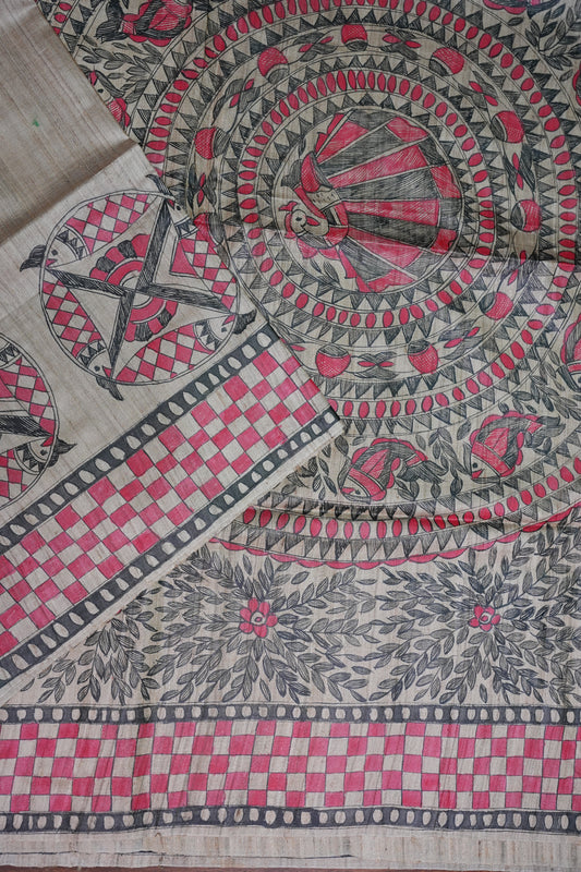 Pure Desi Tussar Silk Saree with Handpainted Madhubani Artwork – Beige & Pink | Silk Mark Certified