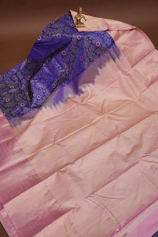 Kanchivaram Semi Silk Saree - Royal Blue with Baby Pink Border