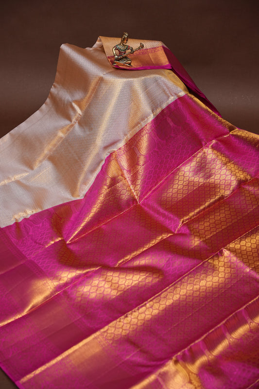 Ivory & Pink Pure Tissue Kanchipuram Silk Saree|Silk Mark Certified