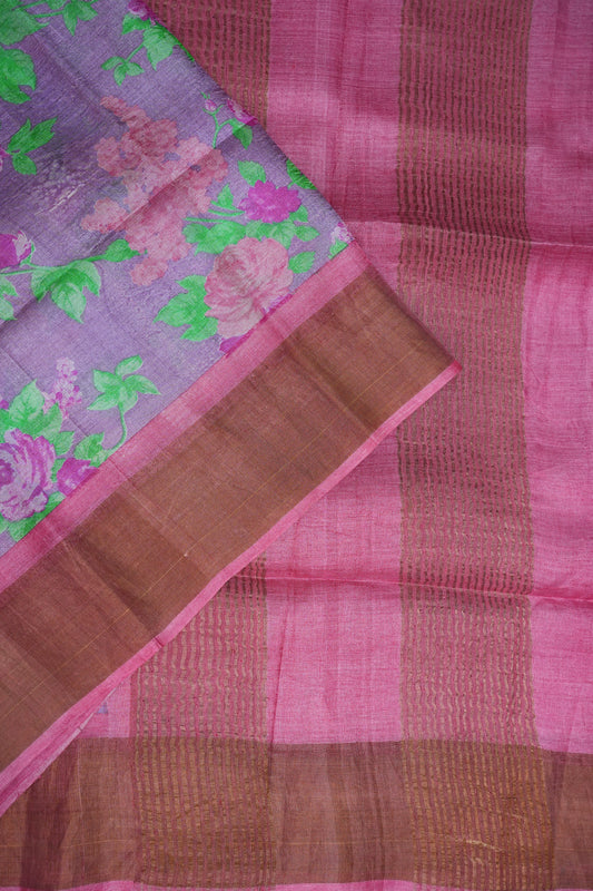 Pure Tussar Silk Saree with Floral Prints | Silk Mark Certified - Lavender & Pink
