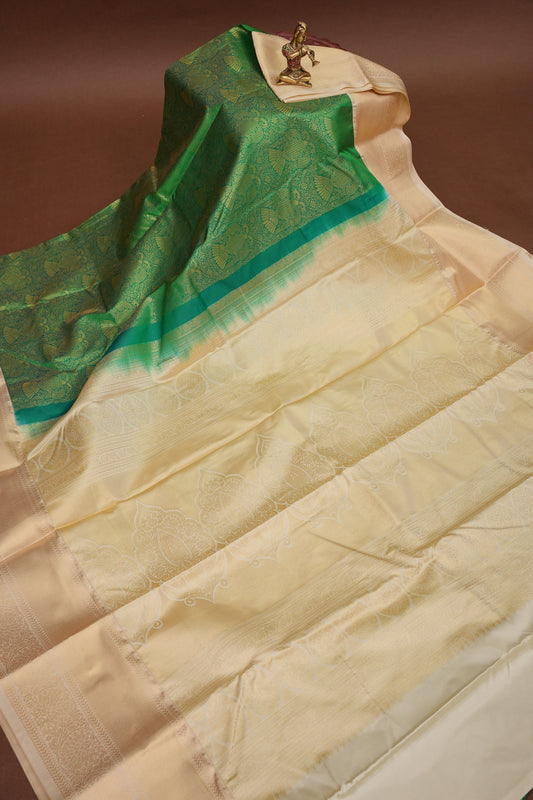 Kanchivaram Semi Silk Saree - Emerald Green with Ivory