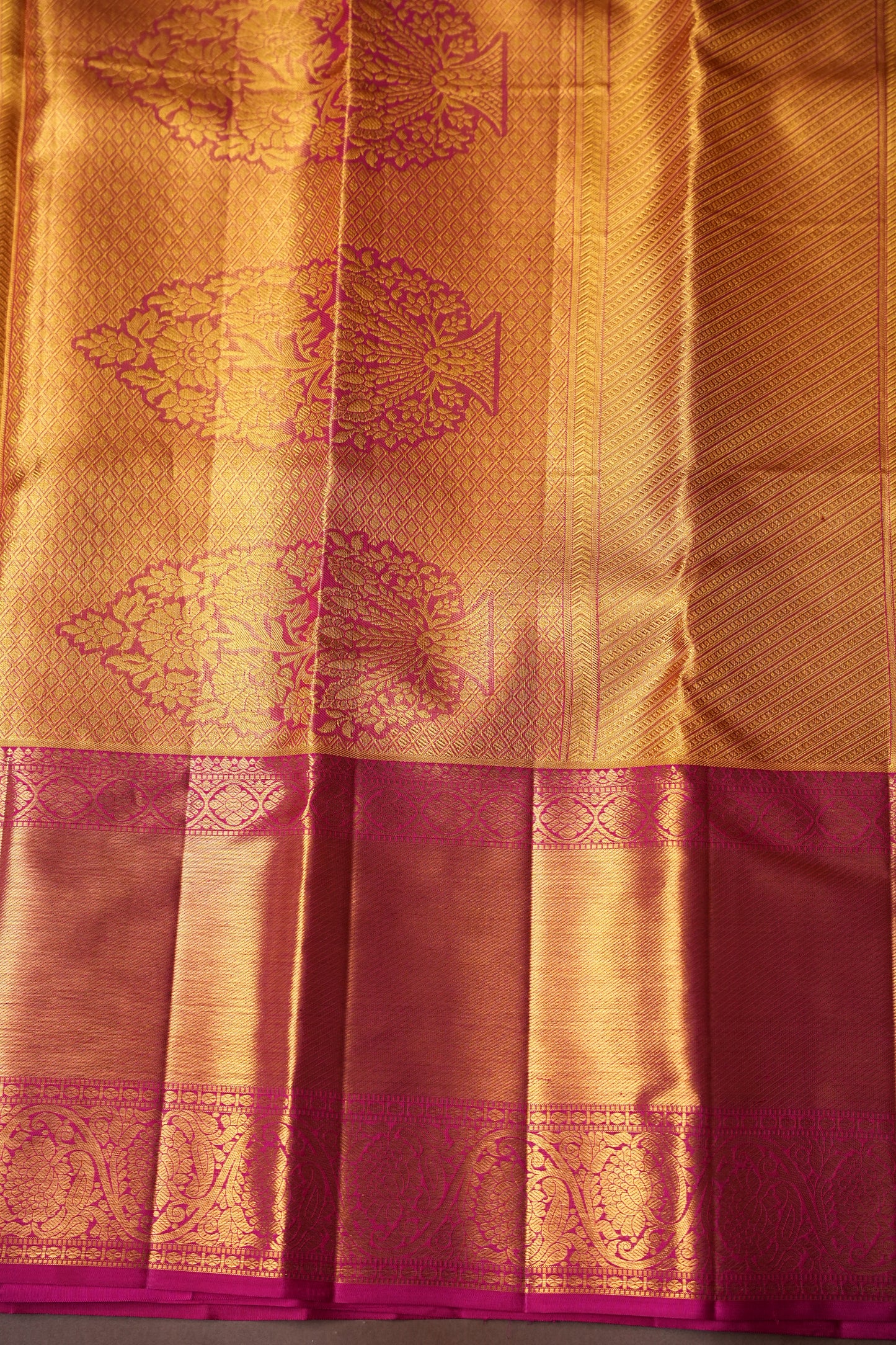 Beige Gold & Pink Pure Tissue Kanchipuram Silk Saree|Silk Mark Certified
