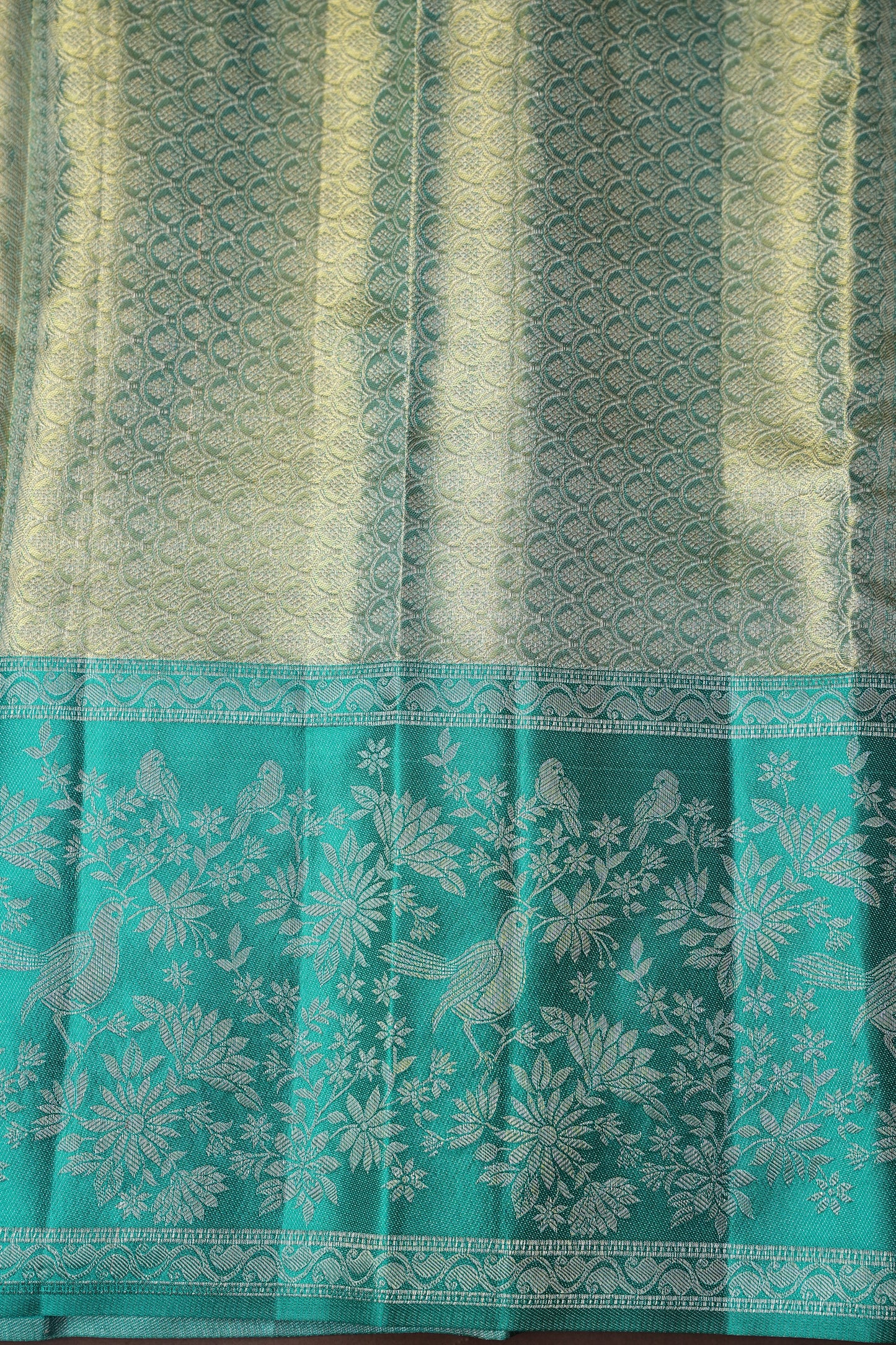 Peach Pink & Turquoise Green Pure Tissue Kanchipuram Silk Saree|Silk Mark Certified