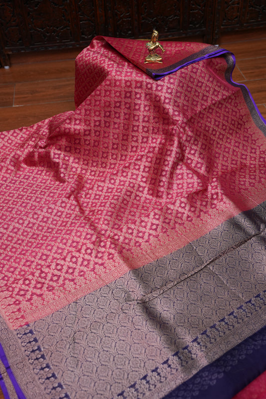 Pure Banarasi Organza (Kora) Silk Handloom Saree – Watermelon Pink & Royal Blue | Silk Mark Certified