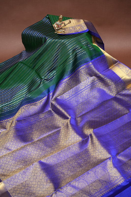 Peacock Green & Blue Pure Kanchipuram Silk Saree|Silk Mark Certified