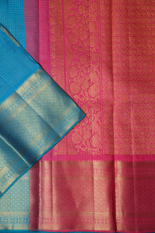 Blue & Pink with Microchecks Pure Kanchipuram Silk Saree|Silk Mark Certified
