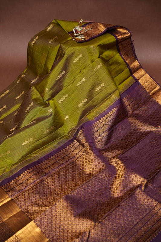 Olive Green & Coffee Pure Kanchipuram Silk Saree|Silk Mark Certified