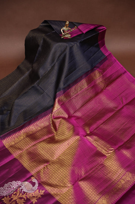 Pure Kanchivaram Brocade Silk Saree - Deep Navy Blue & Purple Border