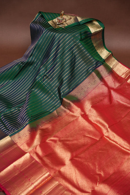 Pure Kanchivaram Silk Saree - Emerald Green & Orange