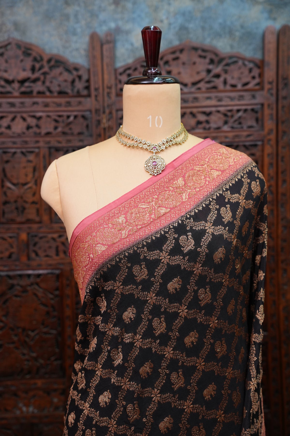 Banarasi Tussar Georgette Saree with Geometric Jaal Weave – Black & Pink
