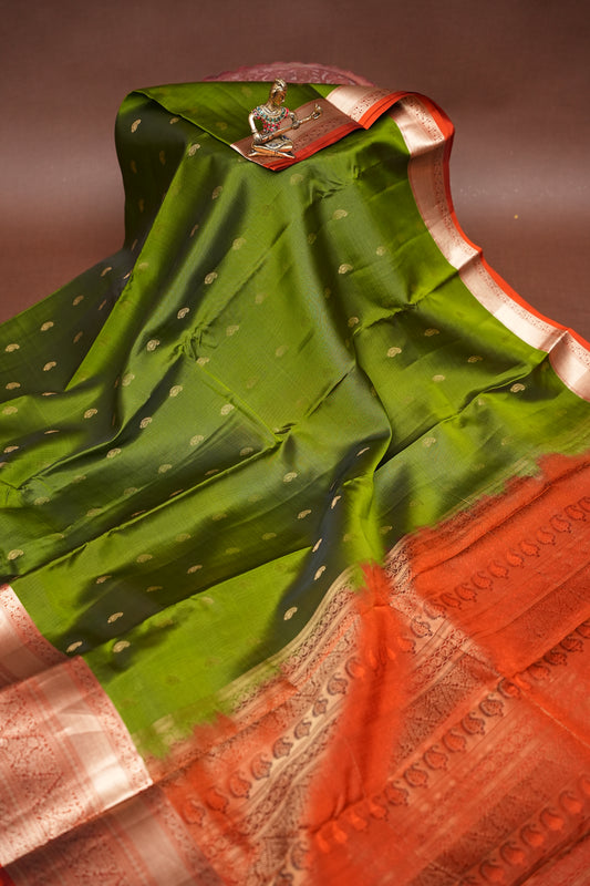 Oliver Green & Rust Pure Soft Silk Saree|Silk Mark Certified