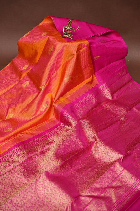 Orange & Pink Kanchipuram Silk Saree with Rich Gold Zari Weaving|Silk Mark Certified