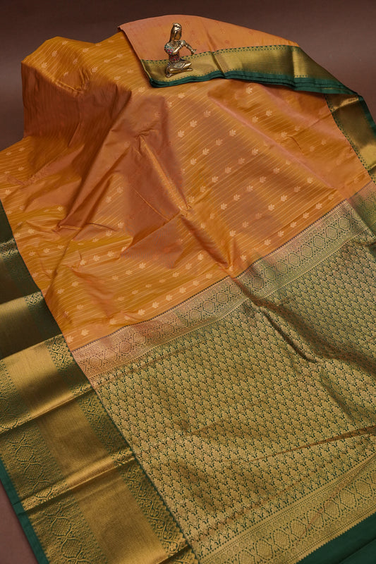 Kanchivaram Semi Silk Saree - Mustard Yellow with Emerald Green