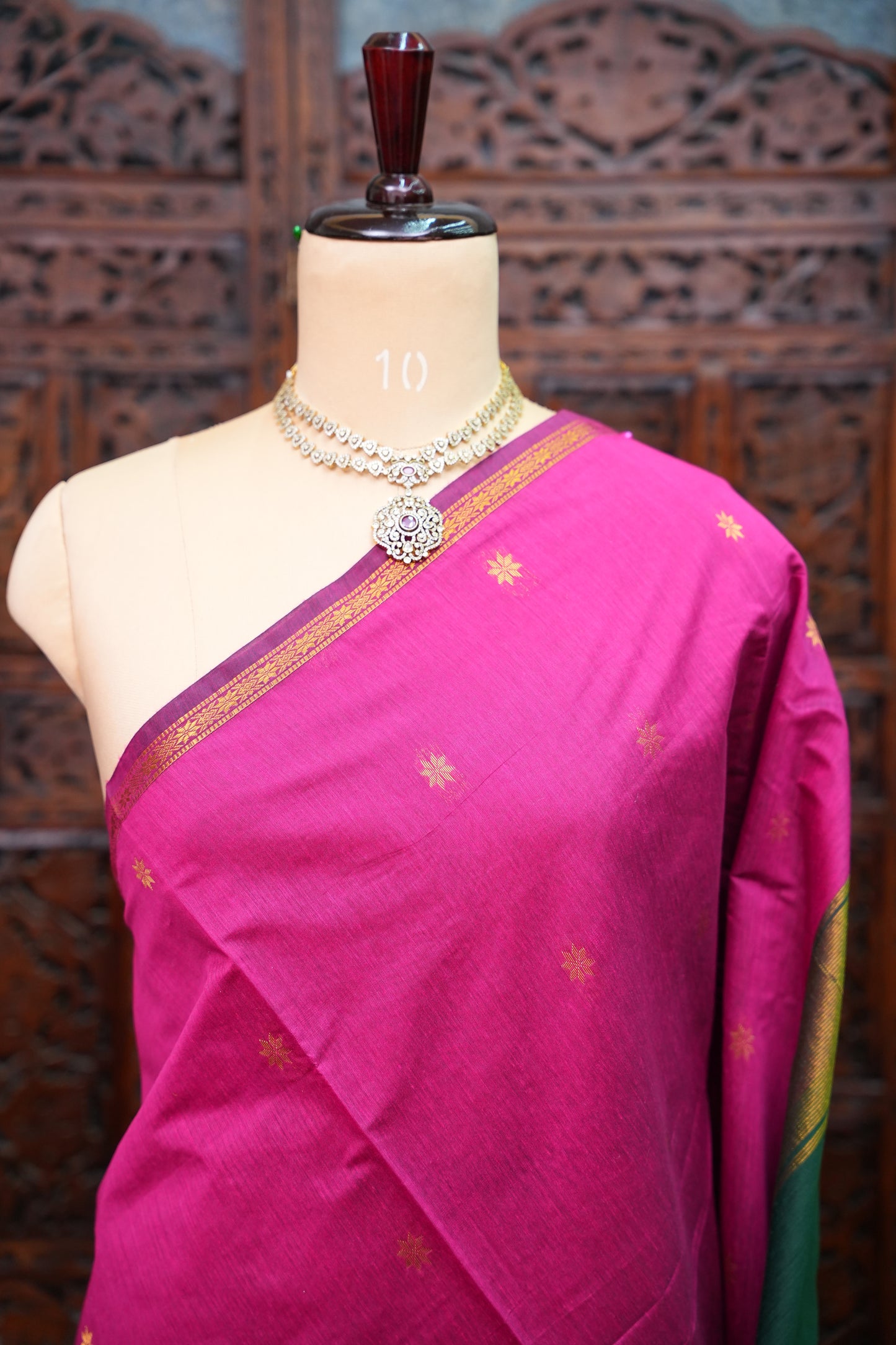 Maheshwari Silk Cotton Saree | Emerald Green With Pink