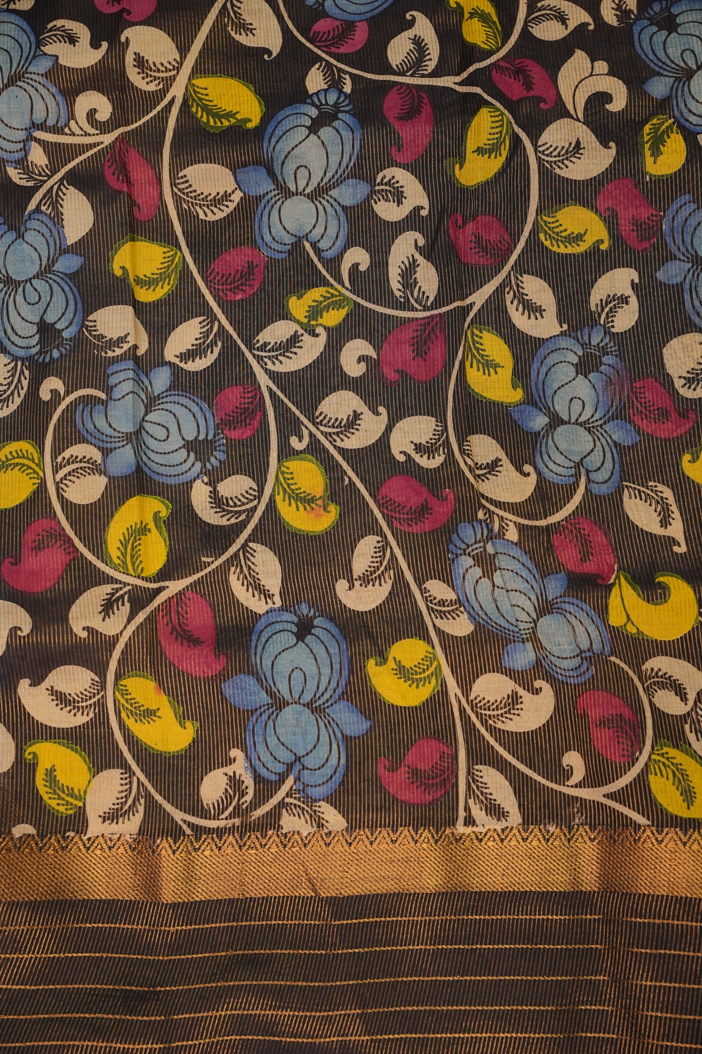 Handpainted Pen Kalamkari Bangalore Silk Saree – Beige & Black
