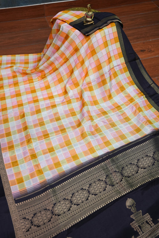 Munga Crepe Silk Saree – Pastel Multicolour Checks with Black Zari Pallu
