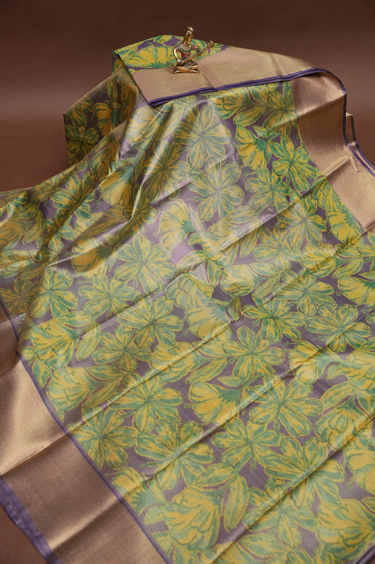 Digital Printed Semi Silk Saree - Muted Lavender Grey with Lime Yellow