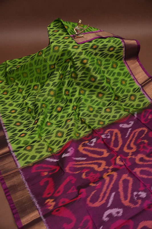 Pure Ikkat Silk Cotton Saree - Green & Purple