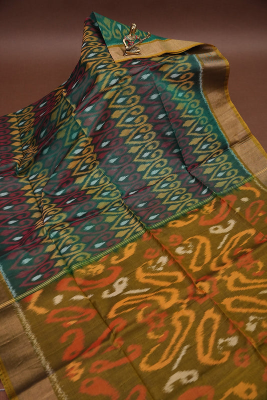 Pure Ikkat Silk Cotton Saree - Bottle Green & Mustard