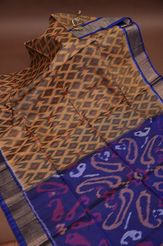 Pure Ikkat Silk Cotton Saree - Beige & Royal Blue
