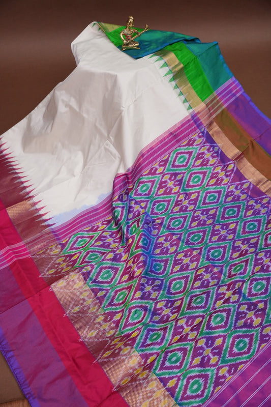 Pure Ikkat Soft Silk Saree - White
