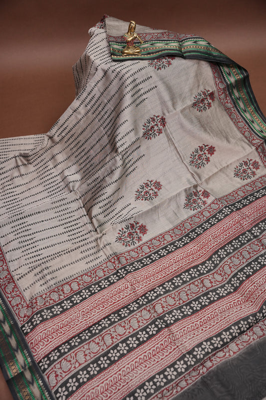 Chanderi Silk Cotton Block Printed Saree - Grey & Black