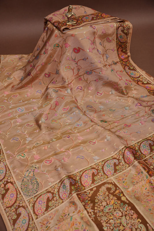 Kashmiri Pashmina Mellow Tissue Saree - Antique Gold Beige