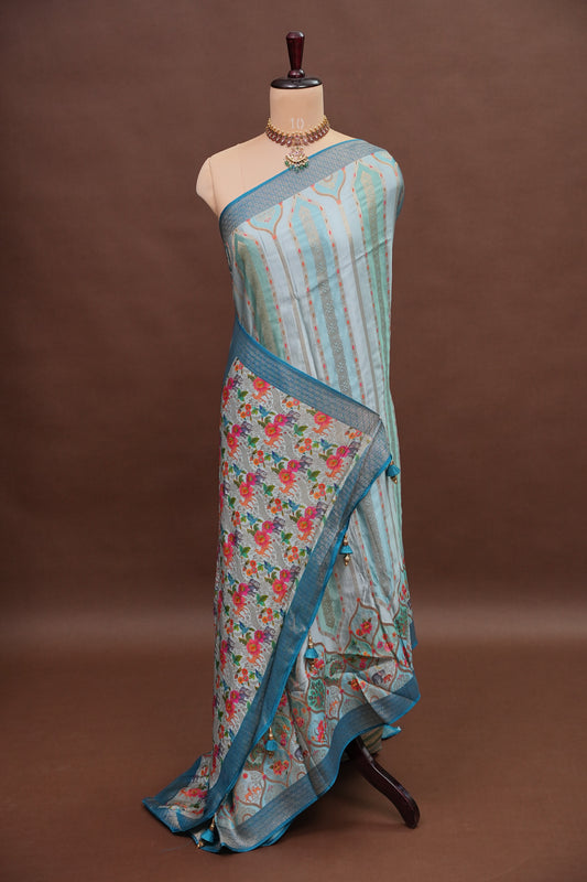 Munga & Mashru Silk Saree β Powder Blue with Multicolour Floral Weaves
