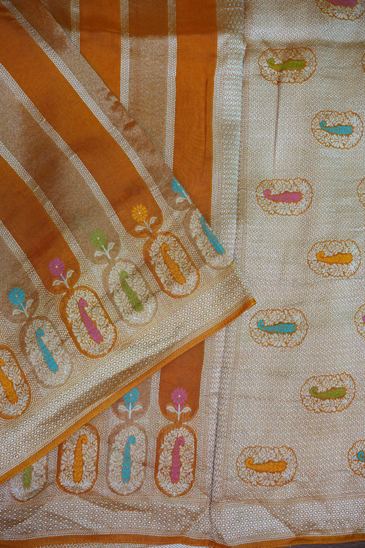 Mellow Tissue & Banarasi Fusion Saree with Meenakari Detailing – Mustard Yellow
