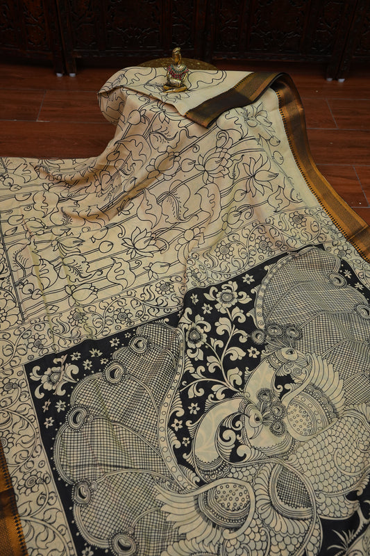 Pure Bangalore Silk Saree with Monochrome Hand-Painted Kalamkari & Nizam Border – Ivory & Black