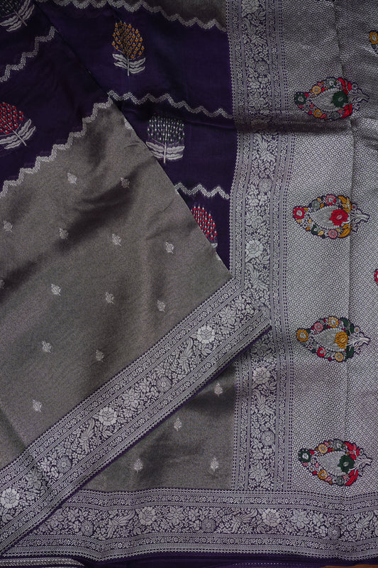 Mellow Tissue & Banarasi Fusion Saree with Meenakari Detailing – Deep Purple & Silver