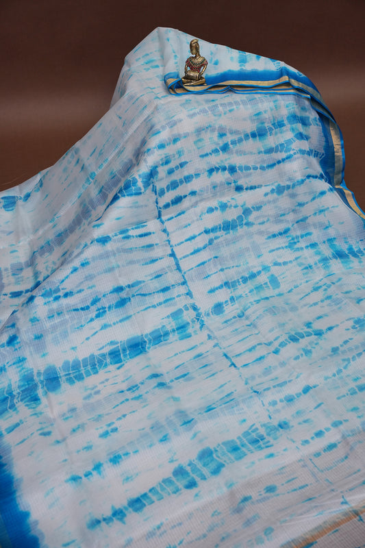 Silk Kota Shibori Tie & Dye Saree - Blue & White