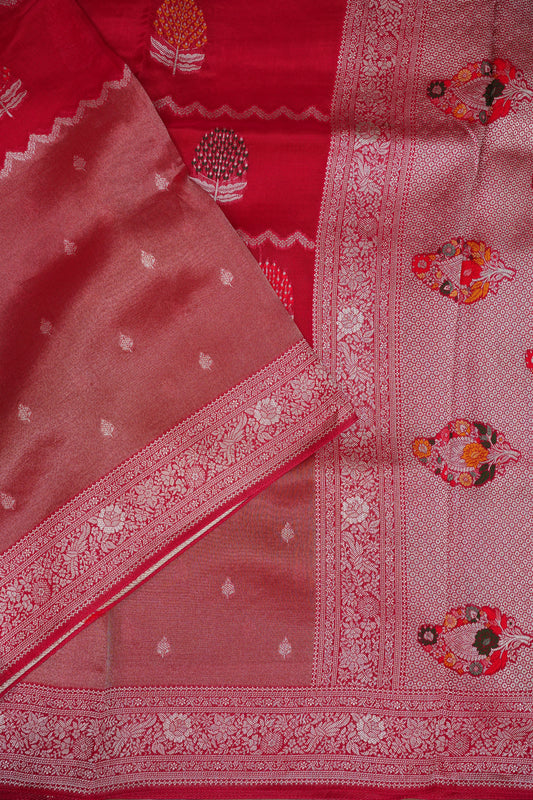 Mellow Tissue & Banarasi Fusion Saree with Meenakari Detailing – Crimson Red