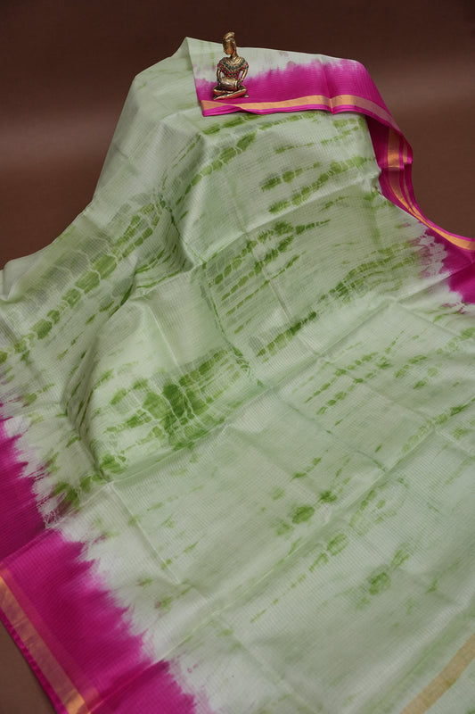 Silk Kota Shibori Tie & Dye Saree - Leaf Green & Pink