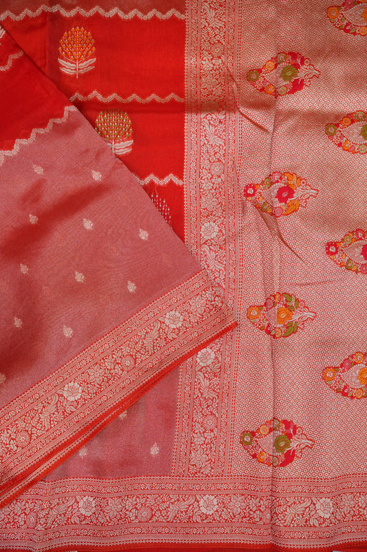 Mellow Tissue & Banarasi Fusion Saree with Meenakari Detailing – Vermilion Red