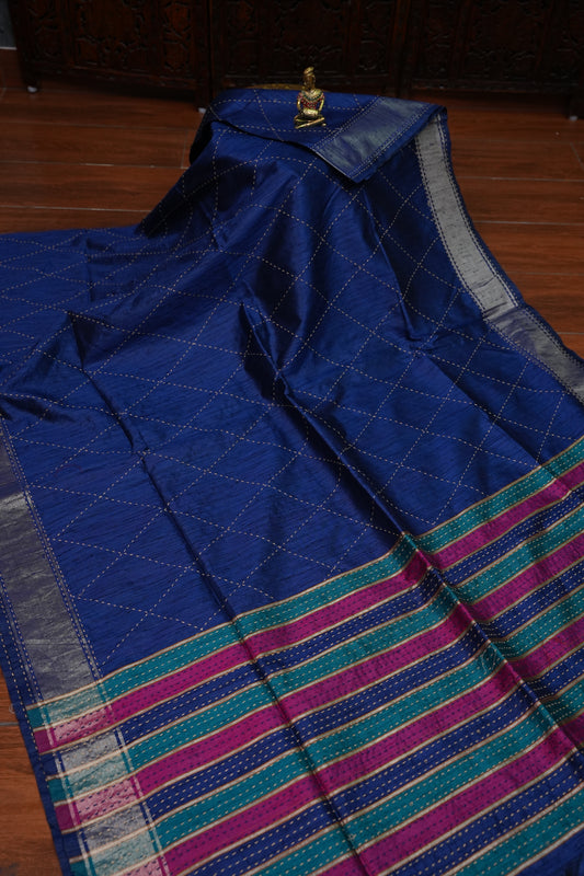 Raw Silk Saree with Katha Stitch – Royal Blue