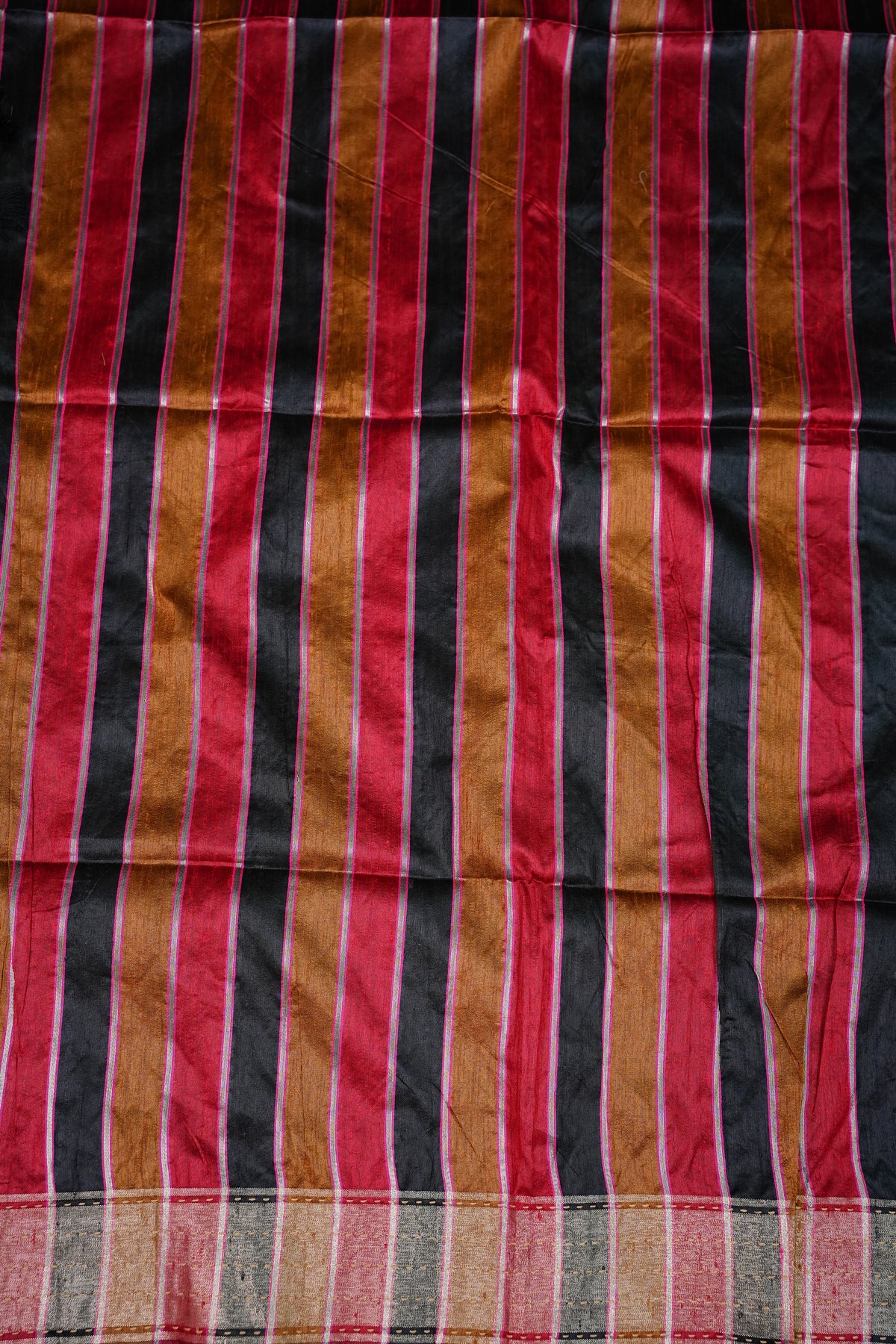 Raw Silk Saree with Katha Stitch – Black