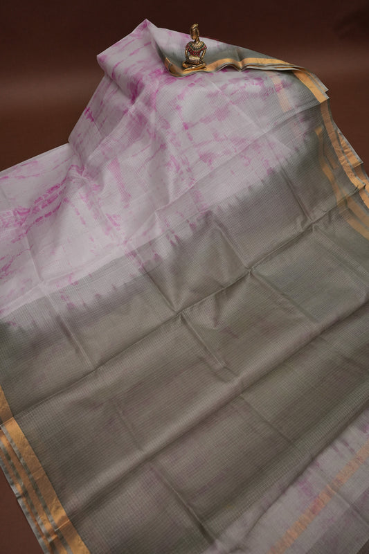 Silk Kota Shibori Tie & Dye Saree - Grey with Pink & White