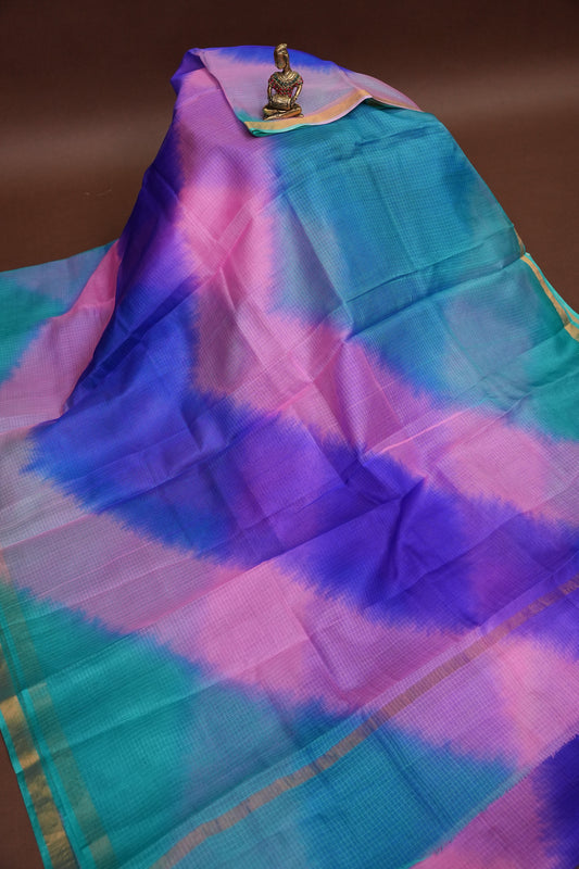 Silk Kota Multicolor Saree - Teal, Lavender & Blue Blend