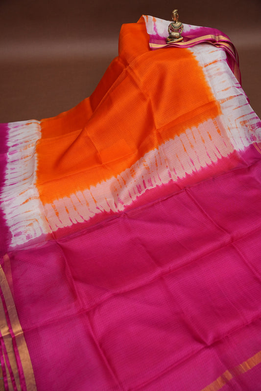 Silk Kota Shibori Tie & Dye Saree - Orange and Pink