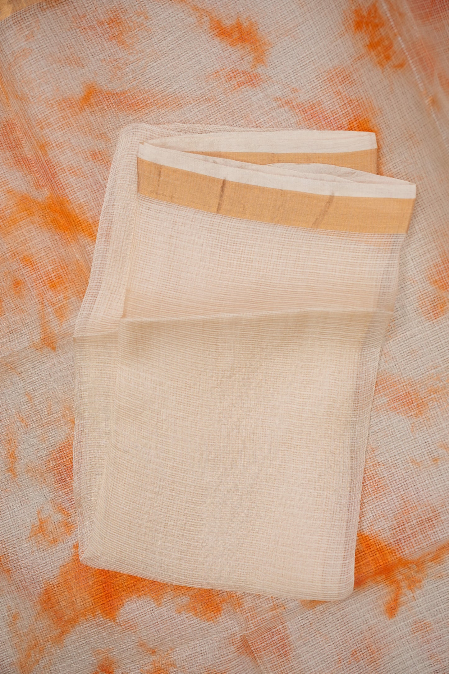 Silk Kota Shibori Tie & Dye Saree - Orange and White