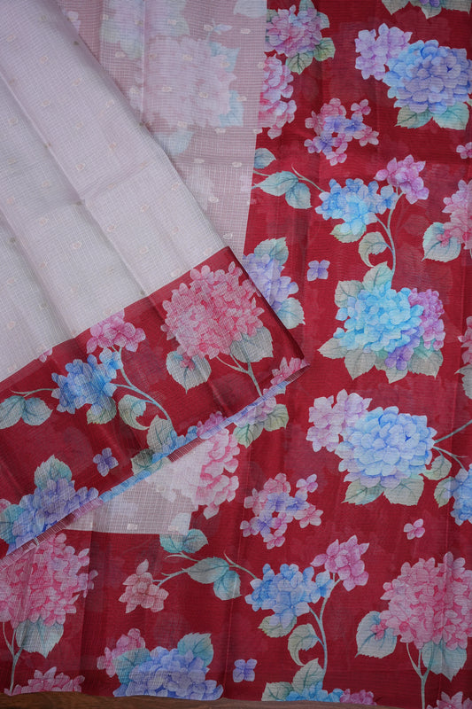 Kota Checks Saree with Hydrangea Floral Print – Lavender & Red