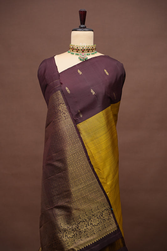 Olive Green & Coffee Pure Kanchipuram Silk Saree|Silk Mark Certified
