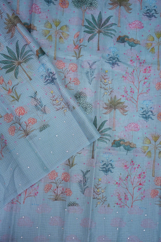 Kota Checks Saree with Botanical Digital Print – Ice Blue