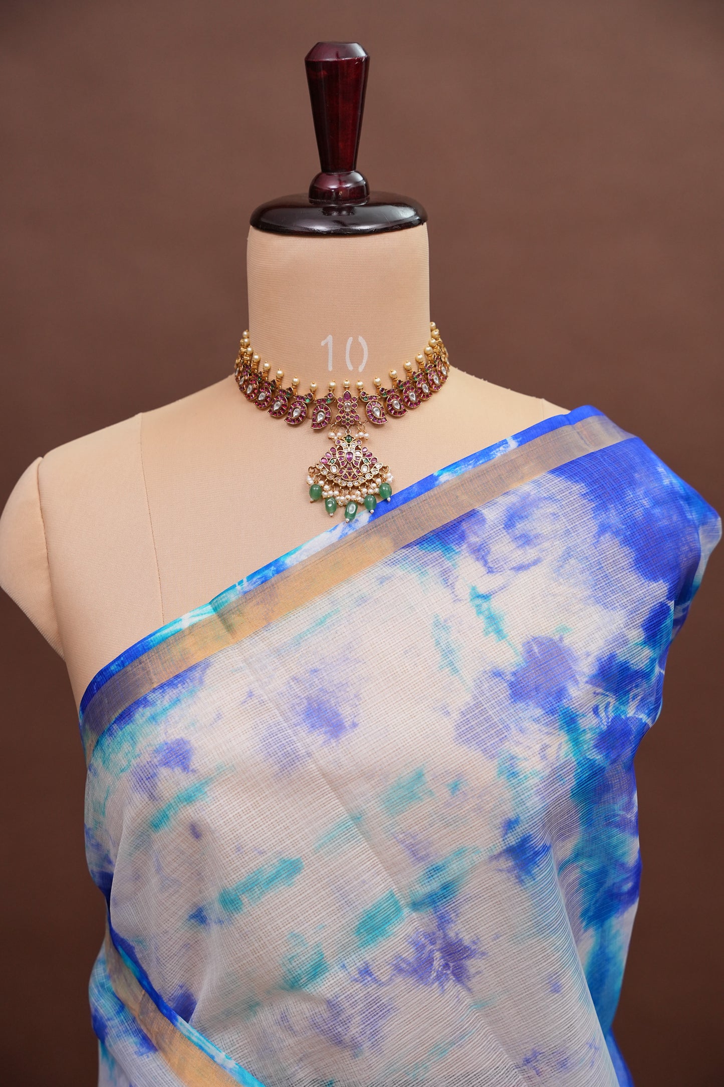 Silk Kota Shibori Tie & Dye Saree - White and Blue