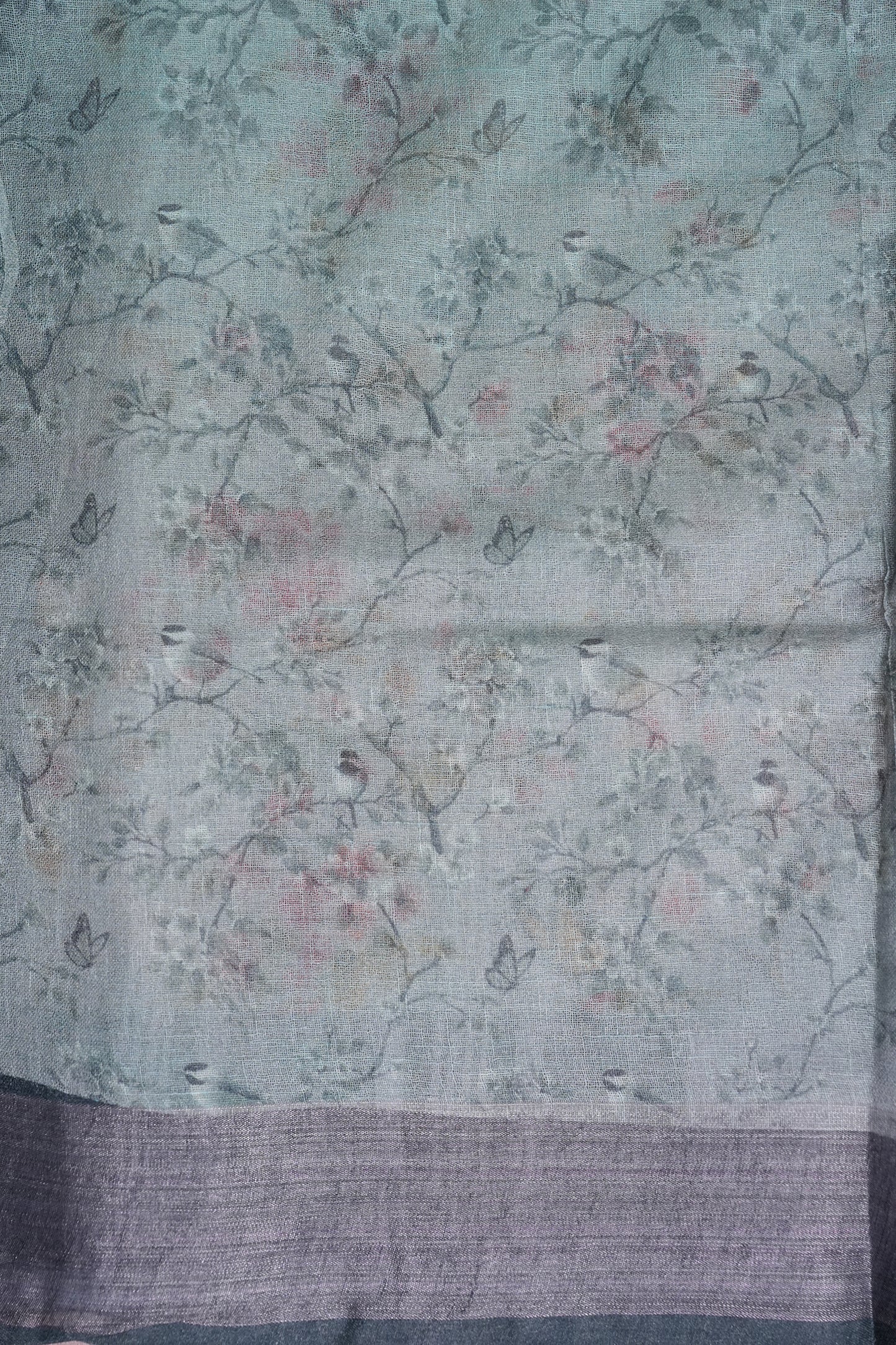 Digital Printed Pure Linen Saree - Powder Blue