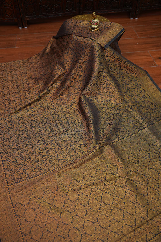 Soft Banarasi Semi Silk Saree with Full Brocade Body – Black & Antique Gold
