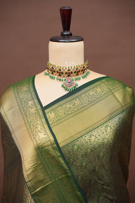 Olive Green Pure Kanchipuram Silk Saree with Brocade Zari Weaving | Silk Mark Certified