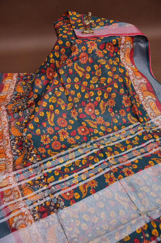 Digital Printed Pure Linen Saree - Elephant Grey